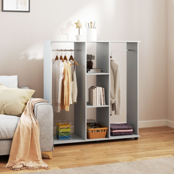 Grey six-wheel open wardrobe – HOMCOM double-layer movable shelves create a multifunctional, spacious, and mobile clothing storage solution.